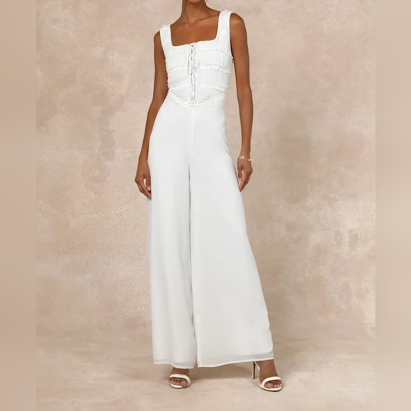 Lulus Majorly Iconic White Swiss Dot Ruffled Lace-up Sleeveless Braided Jumpsuit - Picture 6 of 15
